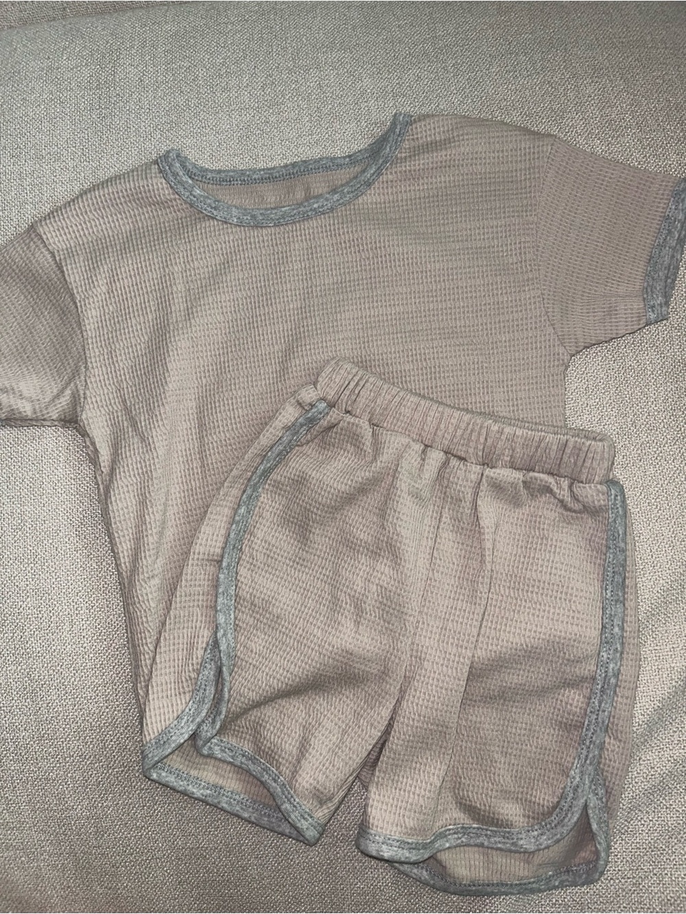 12-24 Month Waffle Knit Short Set in Taupe with Grey Trim